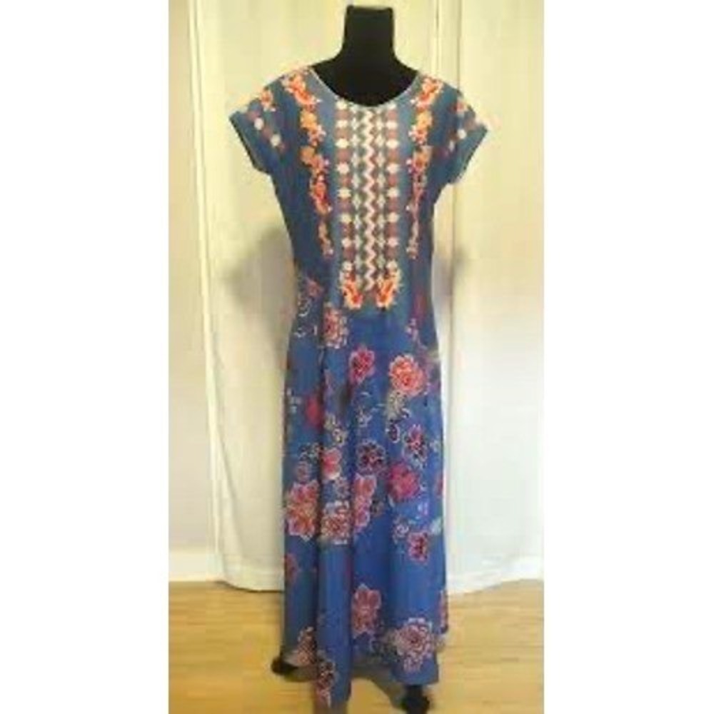 Kinikiss Maxi Dress Womens L/XL Blue New Floral Geometric Boho Short Sleeve